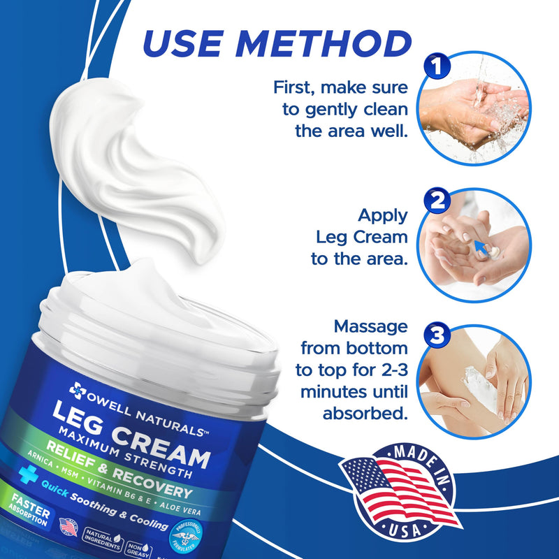 OWELL NATURALS Relief Legs Cream, Deep Penetrating Soothing Formula, Fast Acting & Maximum Strength with Arnica, Aloe Vera Vitamin E, for Muscles, Calf, foot, ankle, 2 oz (Pack of 2) 2 Fl Oz (Pack of 2)