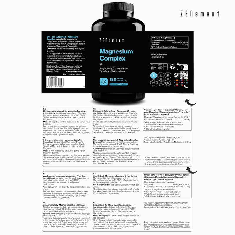 Magnesium Complex, 5 in 1 - Bisglycinate, Citrate, Malate, Taurate & L-Ascorbate - High Bioavailability and Tolerance, No Magnesium Oxide - 360 mg per Serving - 180 Capsules - Zenement