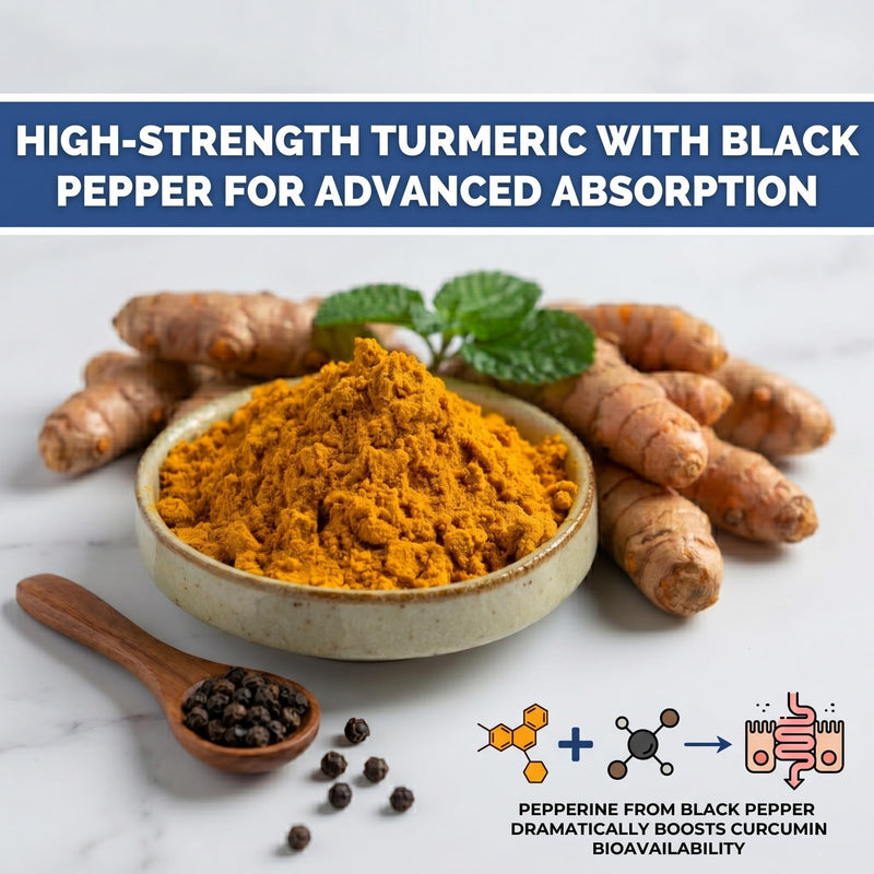 Woods Supplements - 15,000mg High Strength Turmeric & Black Pepper 60x Vegan Curcumin Turmeric Extract Tablets with Added VIT B5, VIT C and Zinc. High Absorption for Joint Care and Digestion 60