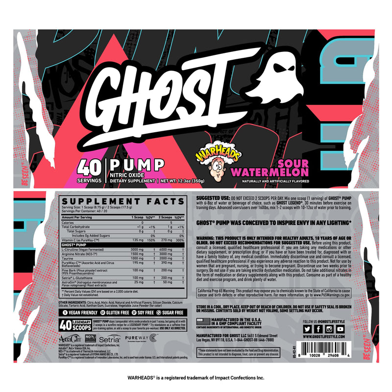 [Australia] - GHOST Pump Nitric Oxide Powder, Warheads Sour Watermelon - 40 Servings - Sugar & Stim-Free Pre-Workout Supplements- L-Citrulline, Arginine Nitrate & L-Glutathione - Soy & Gluten-Free, Vegan 