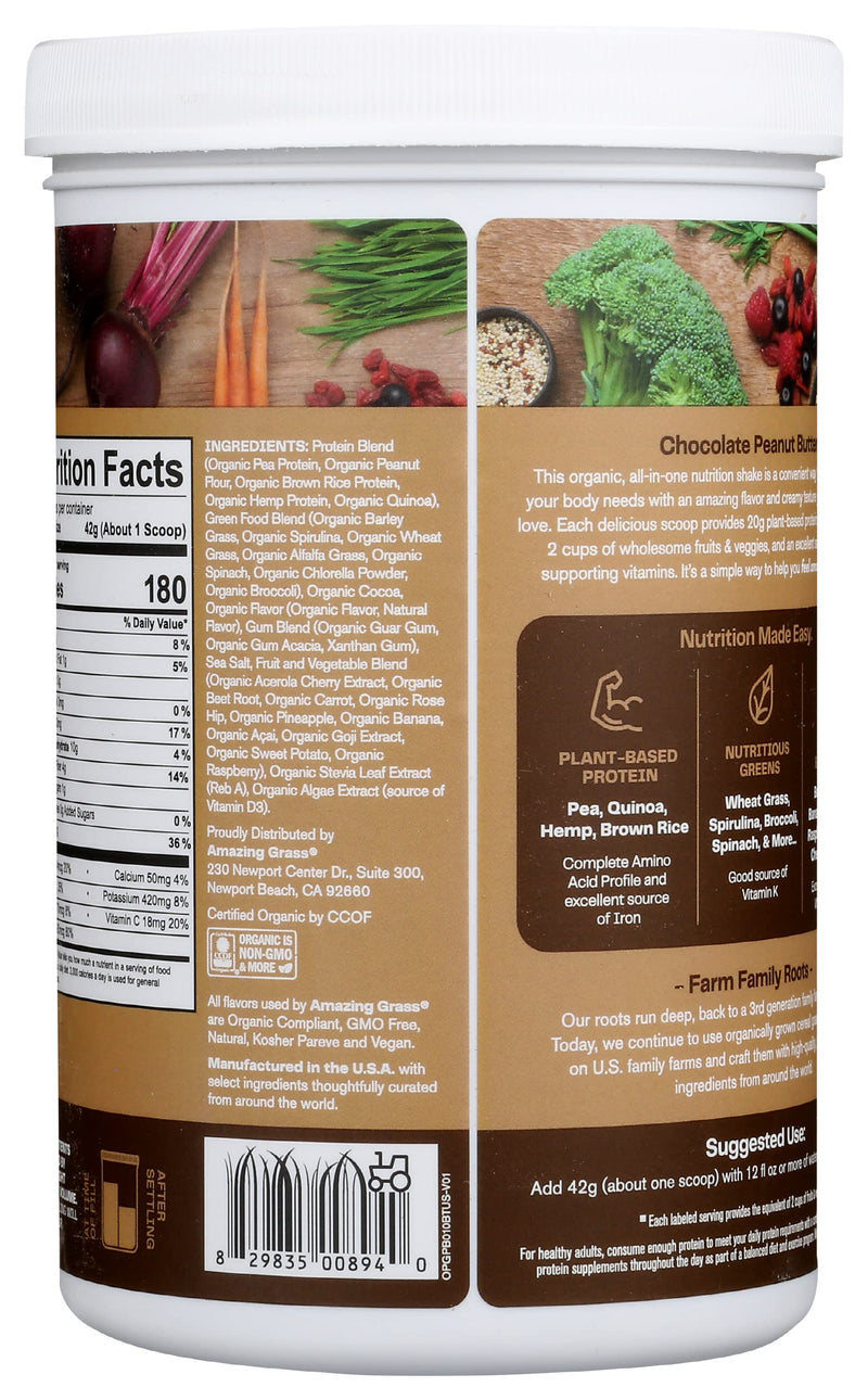 Amazing Grass Organic Plant Protein Blend: Vegan Protein Powder, New Protein Superfood Formula, All-in-One Nutrition Shake with Beet Root, Chocolate Peanut Butter, 10 Servings, 14.8 Ounce (Pack of 1) 14.8 Ounce (Pack of 1)