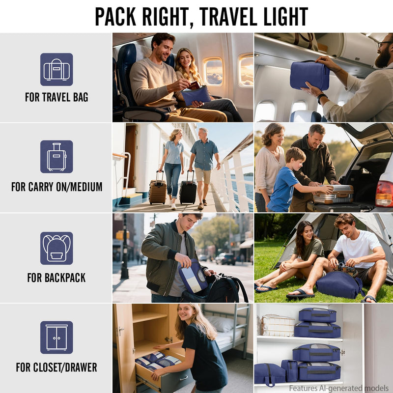 Veken 10 Set Packing Cubes for Travel Essentials,Anti-Wrinkle Buckled Suitcase Organizer for Shoe & Toiletry Bag,Carry On Luggage Bag with 99+ Count Mesh Holes for Airplane & College Dorm Accessories 05 Indigo Blue