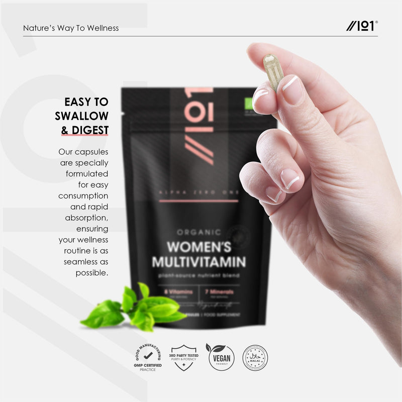 Organic Women's Multivitamins and Minerals - 100% Plant Based - 15 Organic Vitamins & Minerals – 60 Vegan Capsules – Resealable and Recyclable Pouch by Alpha01
