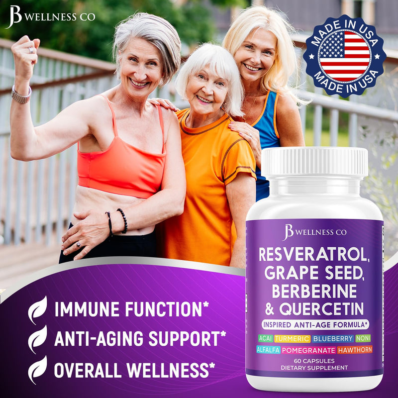 [Australia] - JB Wellness Resveratrol, Grape Seed Extract, Berberine, Quercetin - Polyphenol Supplement for Women and Men with Noni Extract, N-Acetyl Cysteine, Acai Extract - 180 Capsules 60 Count (Pack of 3) 
