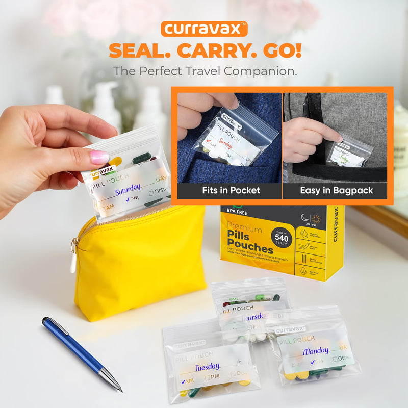Pill Bags for Travel Pill Pouch Organizer Pack of 400 BPA Free 3 x 2.75 inch Pill Pouches for Medicine Reusable with Write on Label & Waterproof Zipper Seal AM PM Pill Baggies for Vitamins by CURRAVAX