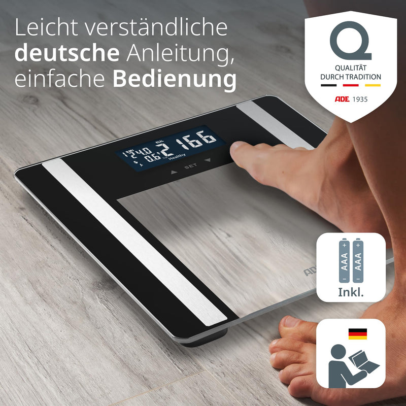 [Australia] - ADE digital body fat scale Ines up to 200 kg | Bathroom scales with body fat analysis, BMI, muscle mass, body water, weight, BMR | Body scale with user recognition | black 