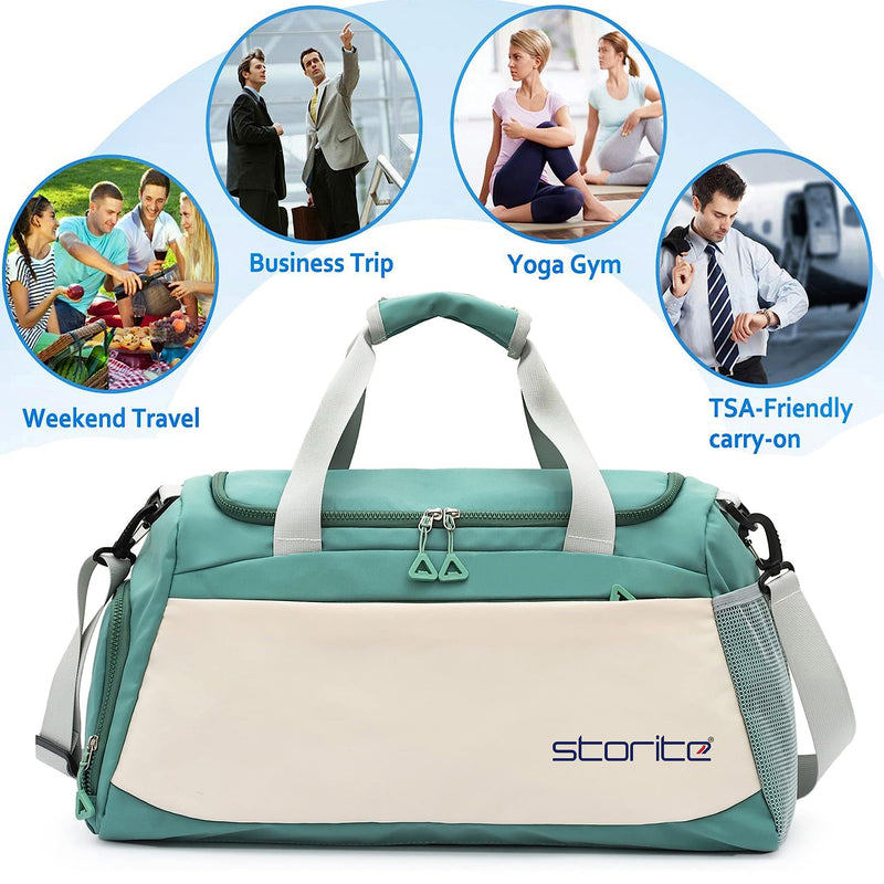 Storite Travel Duffle Bag with Shoe Compartment, Green/White, 51x22x28 cm | Water Resistant Nylon, Lightweight, Multi-Pocket, Wet Pocket, Adjustable Shoulder Strap, Travel, Gym, Weekend Trips