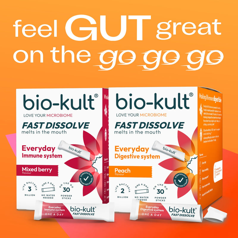 Bio-Kult Everyday Fast Dissolve Powder – 2 Billion CFU + Vitamins C & D | 3 Clinically Researched Strains for Daily Gut & Digestive Support | Peach Flavour | Fast-Melting, No Water Needed | 30 Sachets