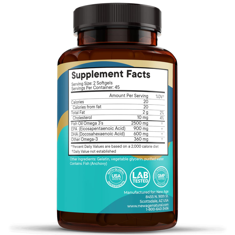 NEW AGE Omega 3 Fish Oil Supplement Immune & Health Support – Promotes Joint, Eye & Skin Health - Non GMO - EPA, DHA Fatty Acids Gluten Free (90 Softgels (Pack of 1)) 90 Softgels (Pack of 1)