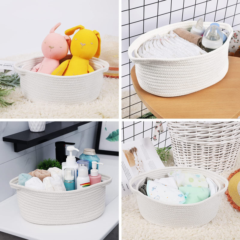 [Australia] - ABenkle Cute Small Woven Basket with Handles, 12"x 8" x 5" Rope Room Shelf Storage Basket Chest Box for Cat and Dog Toys, Empty Decorative Gift - White 1 Pack 