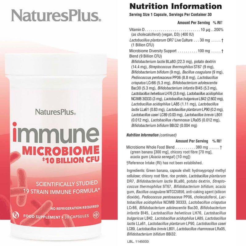 NaturesPlus Immune Microbiome 10 Billion CFU - Immune Support Probiotic Supplement -19 Strains, Prebiotics and Vitamin D3 - Vegan, Gluten Free - 30 Capsules