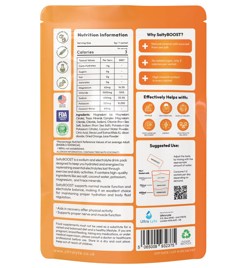Ultra Lyte Electrolytes Drink Mix Sachets - Sugar-Free Electrolytes Powder with High Sodium, Trace Minerals and Coconut Water - Rehydration for Fitness (24 Sachets, Salty Orange) 24 Sachets