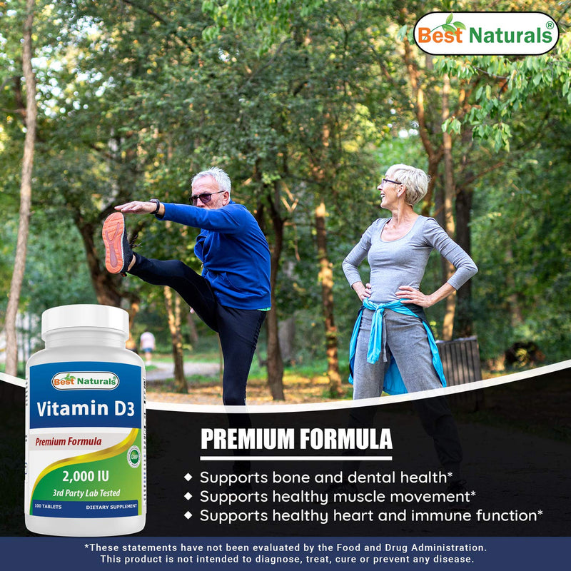 Best Naturals Vitamin D3 2000 IU (50 mcg) - 100 Tablets - 100 Days Supply - Helps Support Immune Health, Strong Bones and Teeth, & Muscle Function (100 Count (Pack of 2))