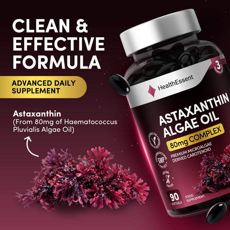 HealthEssent Astaxanthin High Strength Algae Oil 80mg Complex - Microalgae Carotenoid from Haematococcus Pluvialis - 90 Vegan Softgel Capsules - Antioxidant Supplements for Skin & Eyes, Non-GMO