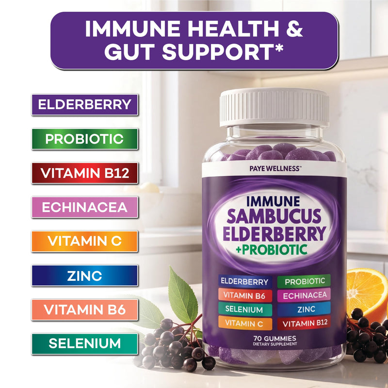 PAYÉ Elderberry Gummies, Vitamin C Immune Support Supplement + Probiotic Gut Health - Sambucus, Echinacea, Vitamin B, Zinc, Selenium, 140 Gummies for Adults and Kids 140 Gummies (Pack of 2)