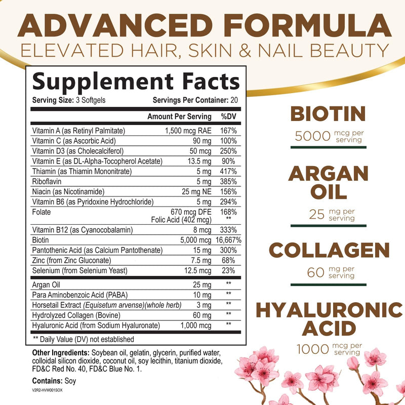 Hair Skin and Nails Vitamins for Hair Growth - Biotin 5000mcg Per Serving - Extra Strength Collagen, Argan Oil & Hyaluronic Acid - Best Beauty Supplement for Women & Men - USA Bottled - 60 Softgels 60 Count (Pack of 1)