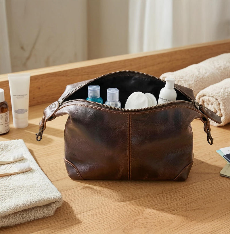 Leather Toiletry Bag for Men - Full Grain Travel Dopp Kit & Shaving Bag | Handcrafted, Spacious Compartment, YKK Zipper, TSA Carry-On, Waterproof Lining, Metal Feets, Makeup and Cosmetic Organizer Walnut Brown