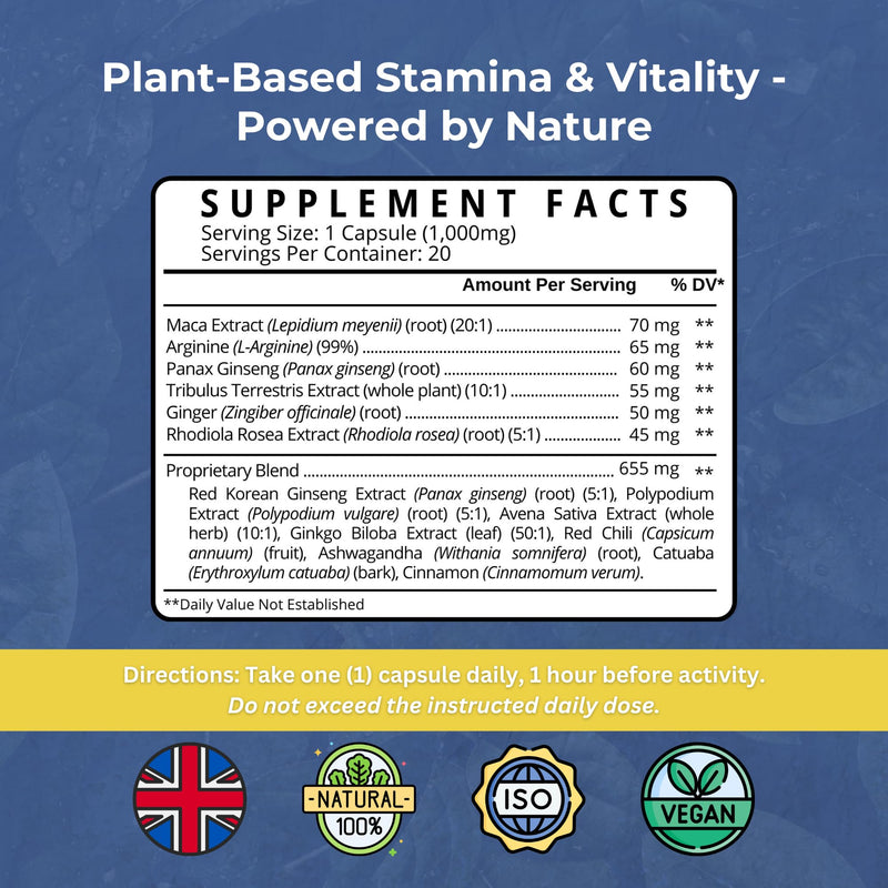 Natagra 1000mg Natural Male Vitality Supplement – Herbal Blend with Maca, Tribulus Terrestris, Ginseng – Supports Energy and Well-Being – Vegan & UK Made - 20 Capsules 20 count (Pack of 1)
