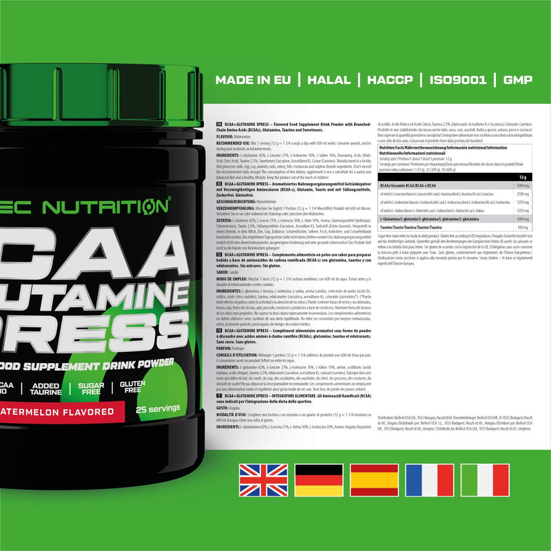 Scitec Nutrition BCAA + Glutamine Xpress – Essential Amino Acid Blend – with 5g 2:1:1 BCAAs – 5g Glutamine – Fortified with Taurine, 300 g, Watermelon 300 g (Pack of 1)