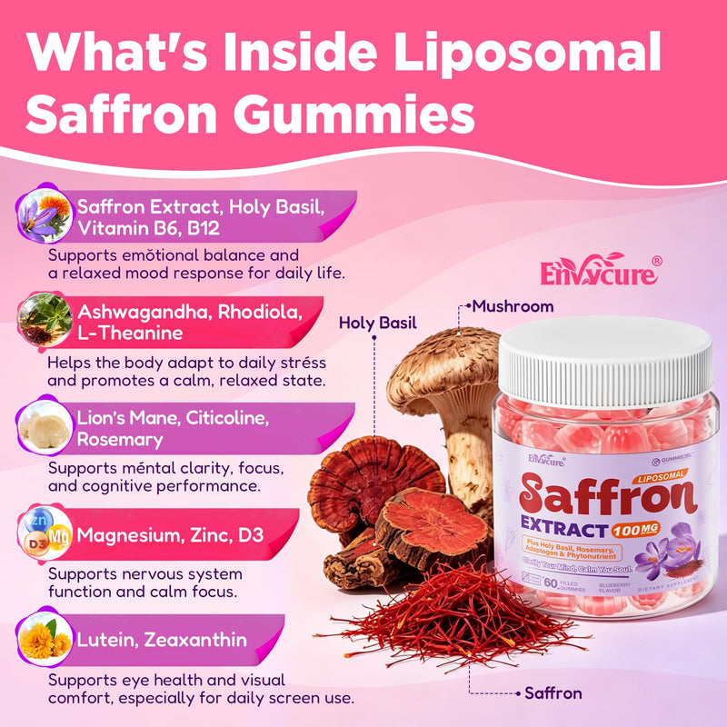 Liposomal Saffron Gummies 100mg with Magnesium Glycinate 200mg, 60 Servings | 25 IN 1 Saffron Extract Supplements w/ Ashwagandha, Rhodiola, L-Theanine, GABA & Rosemary for Calm Mood, Focus, Sugar Free 60 Count (Pack of 1)