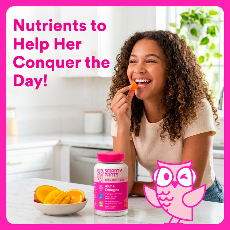 SmartyPants Teen Girl Multivitamin Gummies, Omega 3 (DHA/EPA), Vitamin C, D3, B12, Vitamin A, K & Zinc, Biotin to Support Hair, Skin & Nails, Gluten Free, 60 Count (30 Day Supply) Multi + Omega