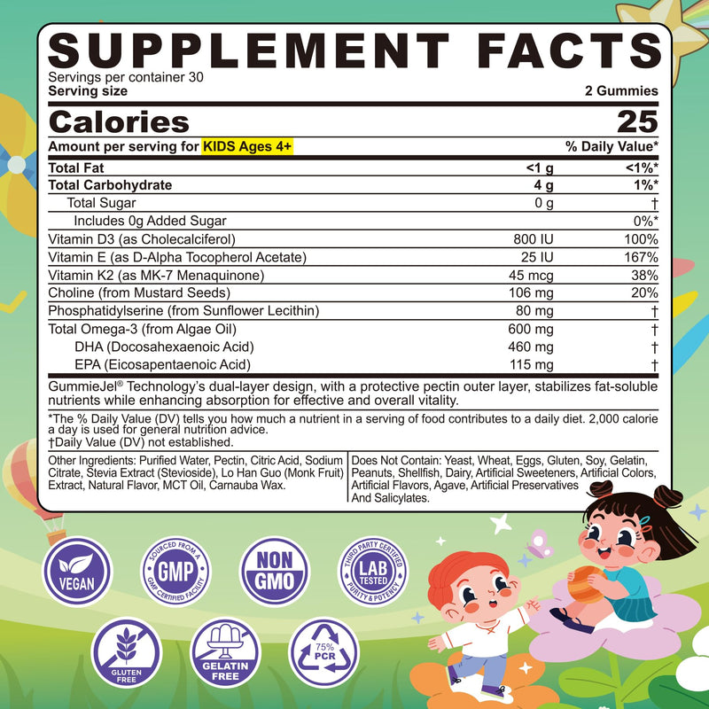 [Australia] - Kids Omega-3 Gummies for 4+, Algae Oil DHA & EPA with Vitamin D3 K2, Choline & PS, Vegan Fish Oil Supplements for Brain, Bone, Cognitive & Immune Health, No Fish Taste, SugarFree, Lemon Flavor, 60Cts 60 Count (Pack of 1) 