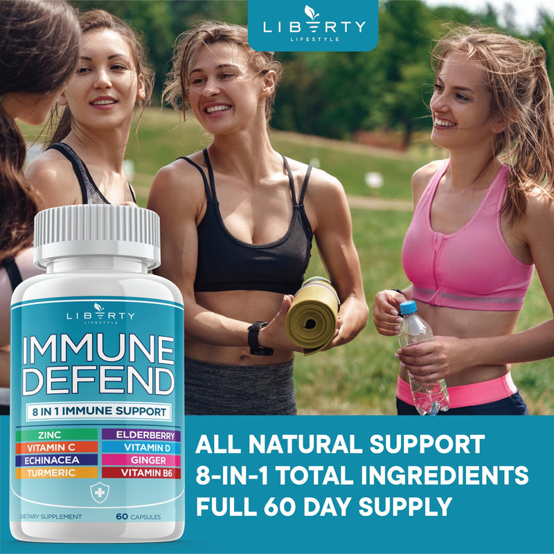 [Australia] - 8 in 1 Immune Defense Support, Immunity Capsules Supplement Booster with Echinacea Zinc 50mg, Vitamin C, D3 5000 IU, Turmeric Curcumin & Ginger, Echinacea - Allergy Relief for Kids Adults (1 Pack) 60 Count 
