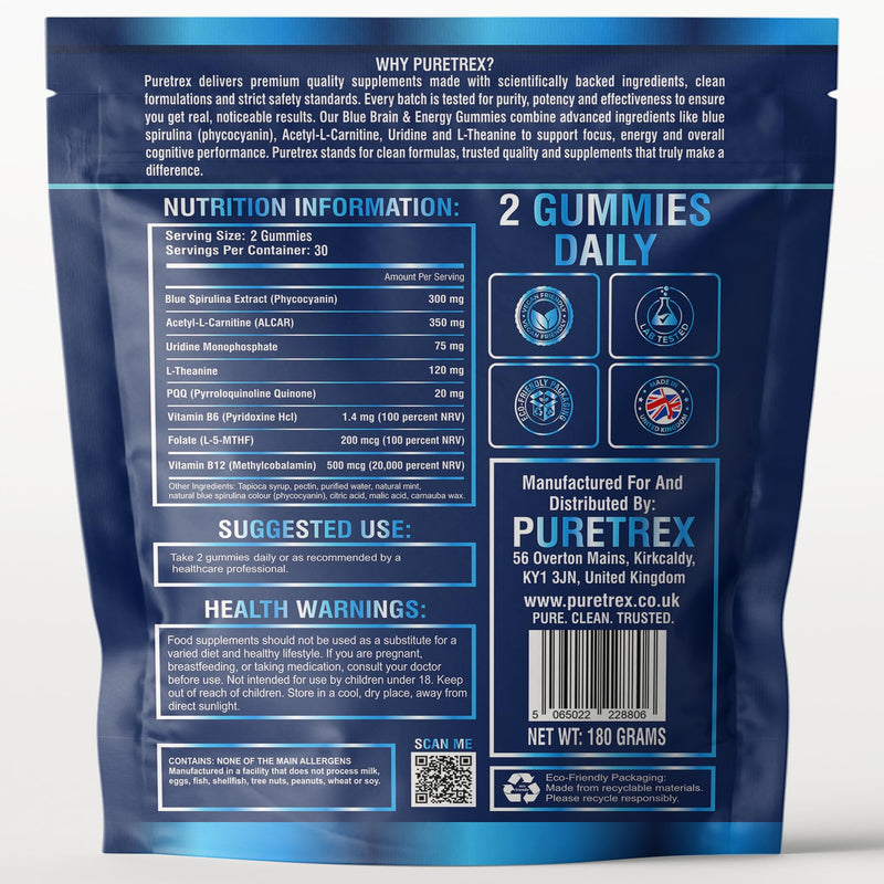 Puretrex Nootropic Gummies Blue Brain, 60 Count, Brain Focus and Energy Support, Memory and Cognitive Performance, Mental Clarity, Blue Spirulina, Acetyl L Carnitine, Made in UK, Ice Mint