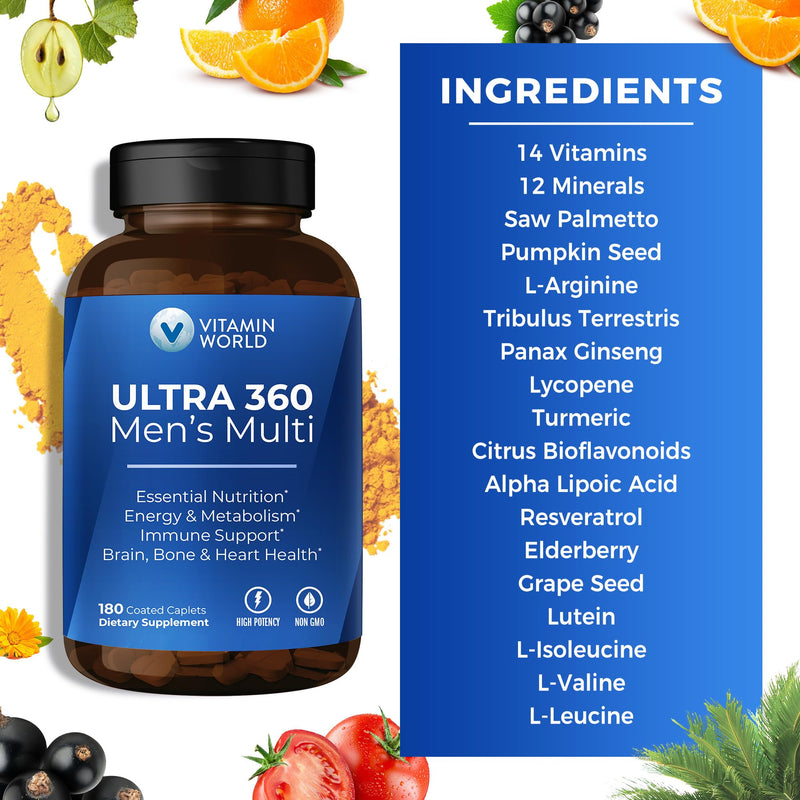 Vitamin World Ultra 360 Multivitamin for Men, Energy & Performance Support | Men's Multivitamin with Herbs & Antioxidants, Vitamins A, C, D, E & B12 plus Zinc for Immune Support, 180 Caplets