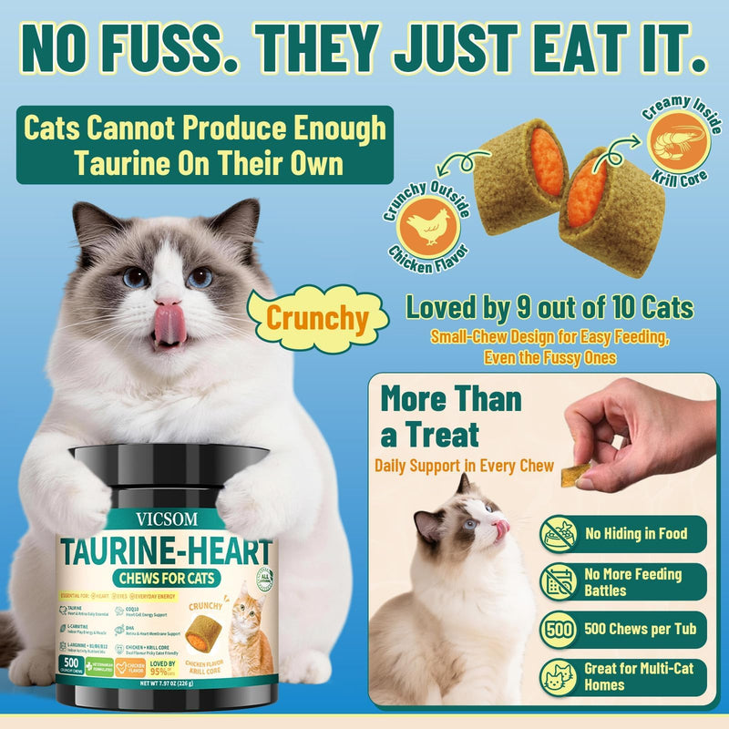 Taurine for Cats, CoQ10 for Cats, Heart Health Support for Adult & Senior Cats, 500 Crunchy Chews with Omega-3 & L-Carnitine, Cat Taurine Supplement for Eye & Muscle Support, Chicken Flavor