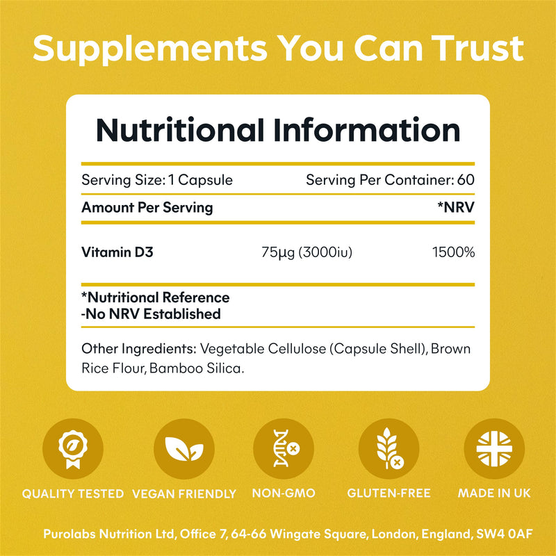Purolabs Vitamin D3 High Strength 3000IU – Vegan Plant-Based Vitamin D Supplements for Women & Men – Premium Vitamin D Capsules for Immune, Bone & Mood Support – 60 Vegan Capsules