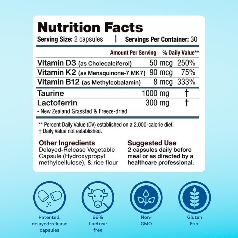 Lactoferrin Supplement 300mg - MyImmunity Grass-Fed with Vitamins D3, K2, B12 & Taurine - Delayed Release Capsules for Iron Absorption & Immune Support - Non-GMO, Gluten Free - 60 Count
