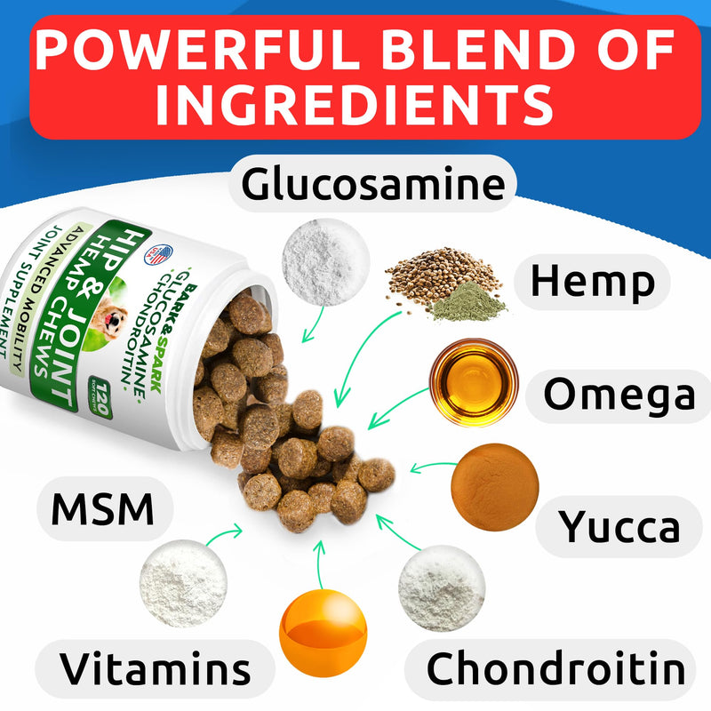 BARK&SPARK Advanced Hemp Chews for Dog Joint Pain Relief - Glucosamine Chondroitin Hemp Treats Hip Joint Health - Joint Supplement Large Breed & Small - Hemp Treats Joints Old Senior Dog (120Ct/Lamb) 120 Ct - PawsPlanet Australia