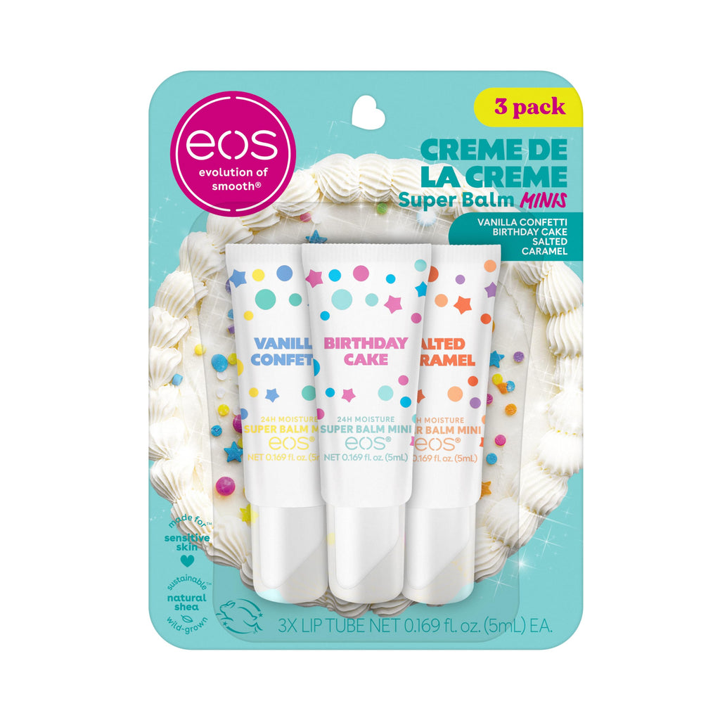 eos 24H Moisture Super Balm Minis- Crème de la Crème, Limited-Edition Lip Mask, Variety Pack, 0.169 fl oz, 3-Pack Birthday Cake, Salted Caramel, Vanilla Confetti