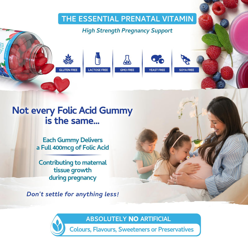 Folic Acid Gummies - 400μg, 60 Natural Berry Flavoured & Vegan Gummies - High Strength Vitamin B9 Folic Acid Pregnancy Support Prenatal Vitamin - No Artificial Sweeteners or Flavours – UK Made 60 Gummies