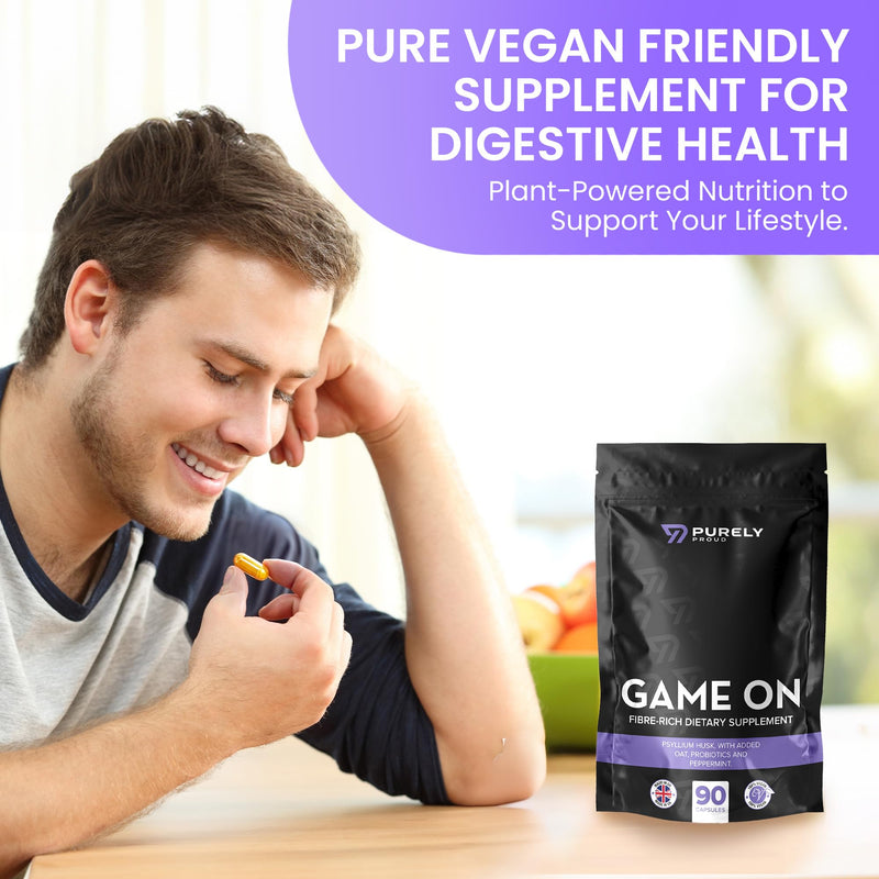 Game ON – Fibre Rich Supplement for Bottoms | Stay Ready with Psyllium Husk, Probiotics, Peppermint | Supports Digestion, Gut Health & Clean Confidence | Vegan | 90 Capsules | Made in UK