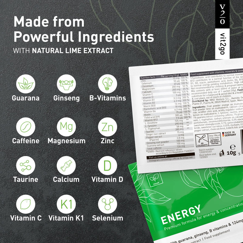 Natural Energy Drink Mix – 124mg Caffeine from Ginseng & Guarana | Sugar-Free, No Crash Pre-Workout Powder | B Vitamins, Magnesium & Zinc | Focus & Performance | Keto, Vegan | 10 Sachets 10 Count (Pack of 1)