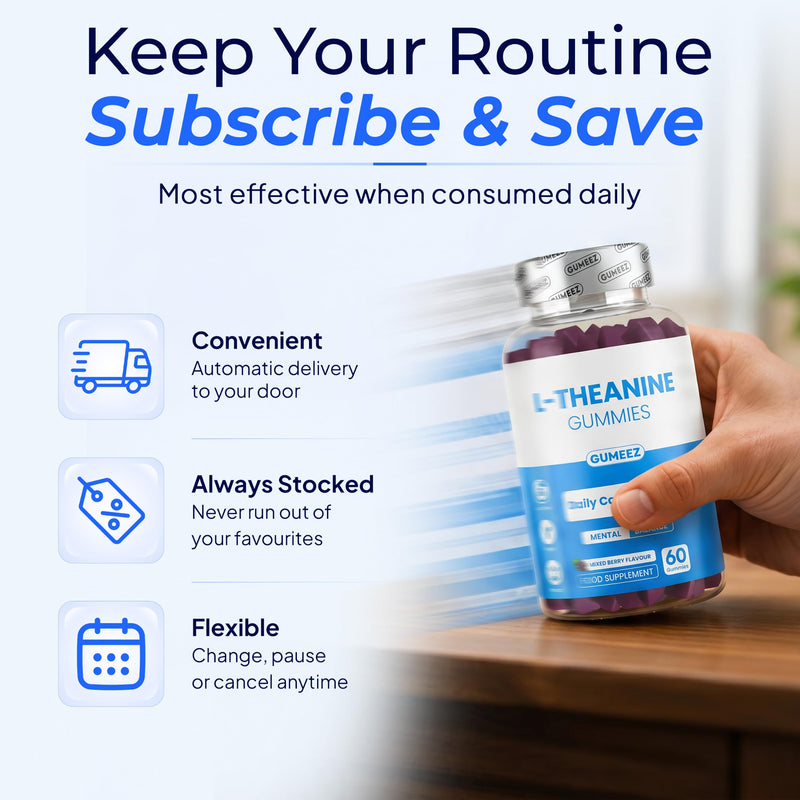L Theanine Gummies for Calm Focus & Mental Balance with Vitamin B6 – 250 mg L Theanine per Serving, Delicious Mixed Berry Flavour, 60 Vegan Gummies – GUMEEZ