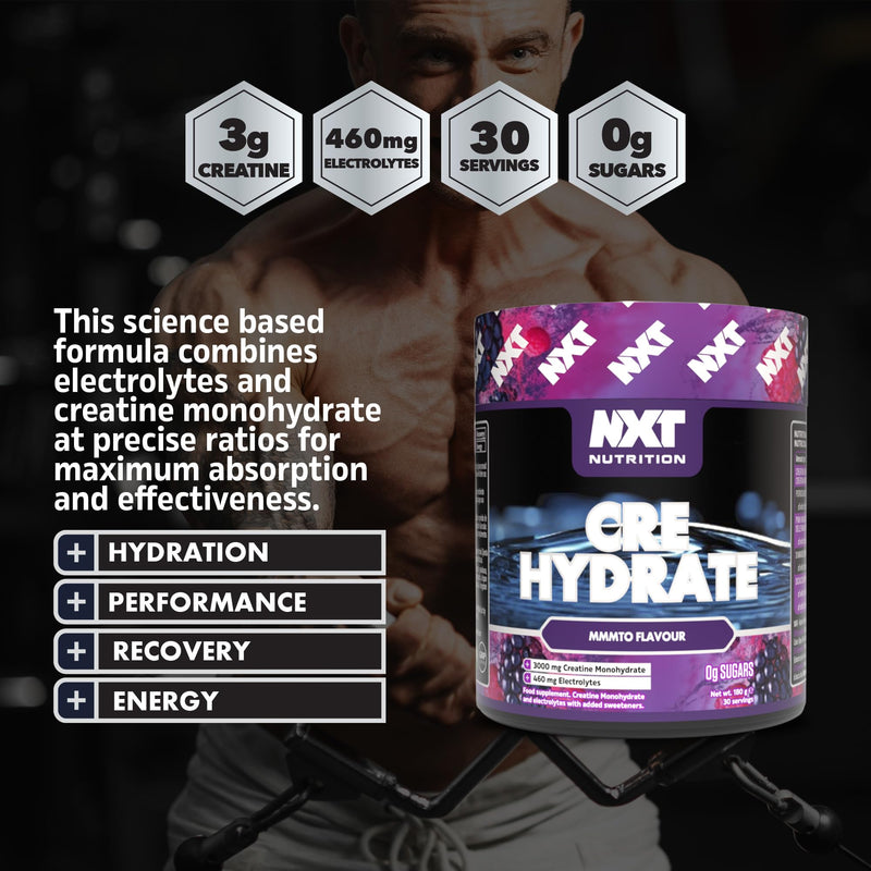 NXT Nutrition Creatine Powder and Electrolyte Mix, 100% Pure Creatine Monohydrate Powder for Strength and Power with Hydrating Electrolytes (180g, mmmto) 180g