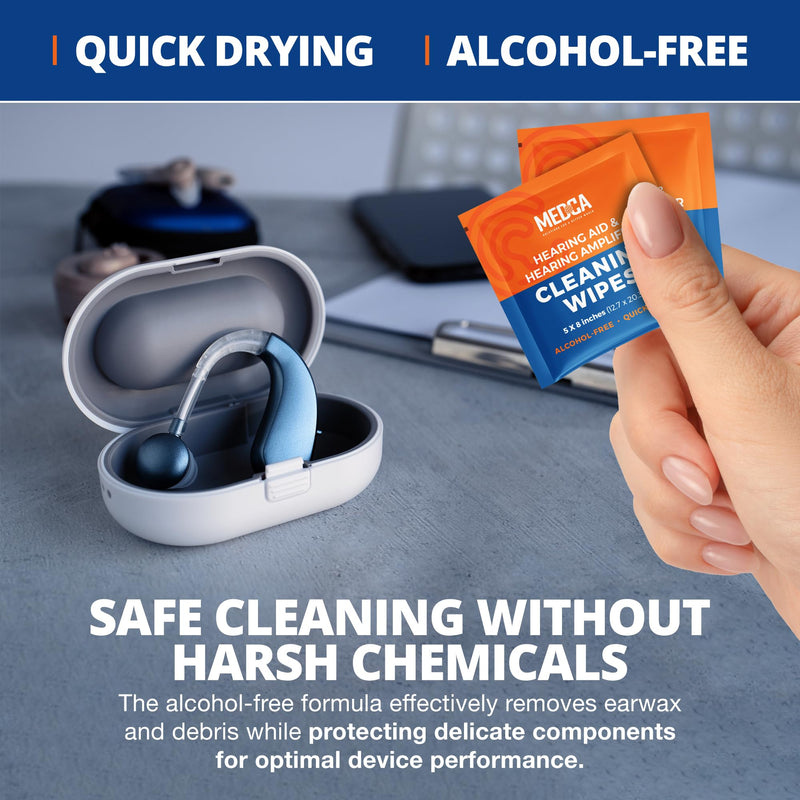 Hearing Aid Cleaning Wipes - 100 Individually Wrapped Pre-Moistened Alcohol-Free Wipes for Hearing Aids, Amplifiers, Earbuds, Audio & Electronics - Portable, Quick-Drying, Gentle, Daily Use & Travel 1 count (Pack of 100)