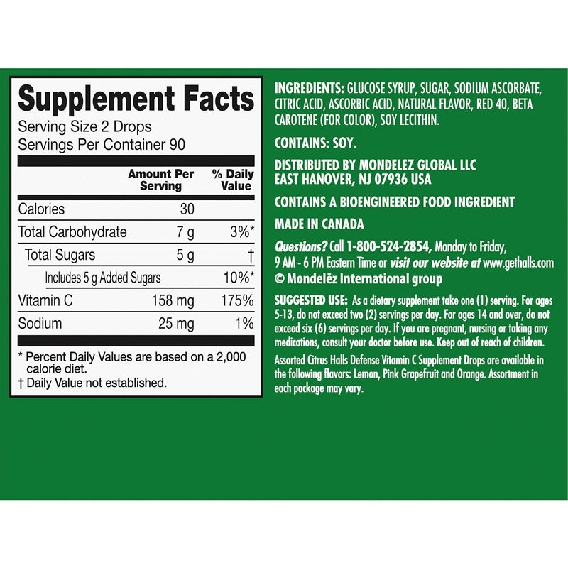 HALLS Defense Assorted Citrus Vitamin C Dietary Supplement Drops, 180 ct | Throat Drops, 20 Sticks of 9 180 Ounce (Pack of 1)