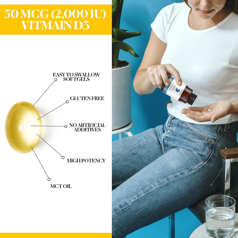 Vitamin D3 2000 IU (50 mcg) – High Potency, Immune Support, Bone & Muscle Support –MCT Oil, Non-GMO, Soy & Gluten-Free, No Artificial Additives, Third-Party Tested Softgels, 90 Count