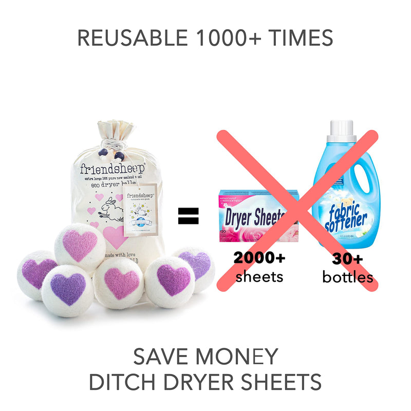 [Australia] - Friendsheep Organic Wool Dryer Balls Pink Purple Hearts 6 Pack XL Premium Reusable Cruelty Free Handmade Fair Trade No Lint Fabric Softener - Lovely Day 