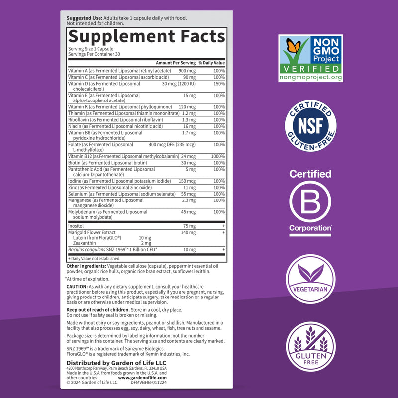 Garden of Life Dr Formulated Multi+ Brain Health, Fermented Liposomal Multivitamin + Lutein & Zeaxanthin, Vitamin D3 & Probiotics - Memory & Focus Support, Digestive & Immune Health, 30 Capsules