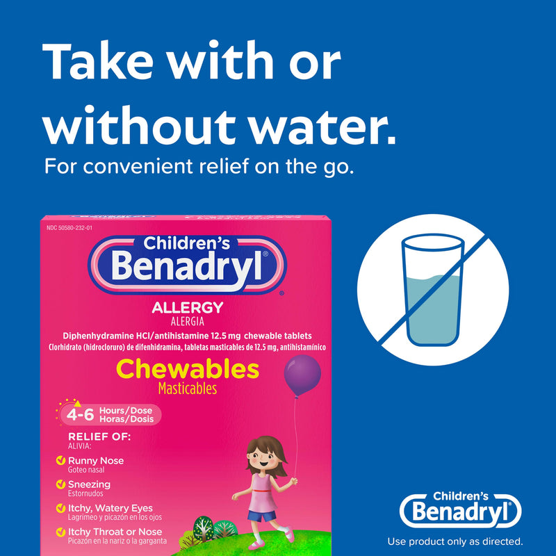 Benadryl Children's Allergy Chewables with Diphenhydramine HCl, Antihistamine Chewable Tablets for Relief of Allergy Symptoms Like Sneezing, Itchy Eyes, & More, Grape Flavor, 20 Count (Pack of 1)