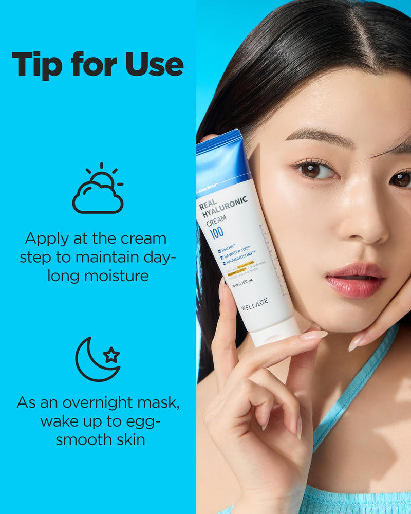 WELLAGE Real Hyaluronic Cream 100, Pure Hyaluronic Acid Korean Face Moisturizer with Ceramide Panthenol Squalane Vitamin B5 Niacinamide - Hydrating face moisturizer, Hypoallergenic, 1.69oz. | Hyaluronic Acid, Panthenol, Deep Hydration, Moisturization, ...