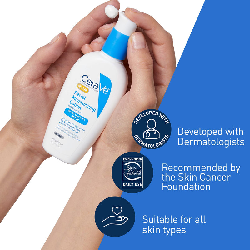 CeraVe AM Facial Moisturizing Lotion with SPF 30 | Oil-Free Face Moisturizer with SPF | Formulated with Hyaluronic Acid, Niacinamide & Ceramides | Non-Comedogenic | Broad Spectrum Sunscreen | 3 Ounce 3 Fl Oz (Pack of 1)