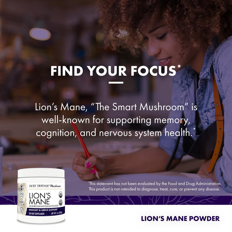 [Australia] - Host Defense Lion's Mane Powder - Brain Health Support Supplement - Mushroom Supplement to Support Focus & Memory Function - Immune & Nervous System Support Supplement - 7 oz (133 Servings)* 7 Ounce (Pack of 1) 