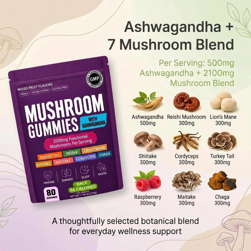 Mushroom Gummies with Lion’s Mane & Reishi – 80 Count 8-in-1 Functional Mushroom Complex 2500mg – Energy, Focus, Immunity Support – Vegan Mixed Fruit Gummies