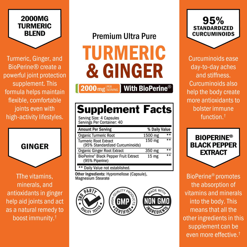 [Australia] - Turmeric Curcumin and Ginger 2000mg with BioPerine for Maximum Absorption, 95% Standardized Curcuminoids Natural Turmeric Supplement for Joint & Immune Support - Gluten-Free, No-GMO, 160 Capsules Turmeric Ginger Capsules 160 Count (Pack of 1) 